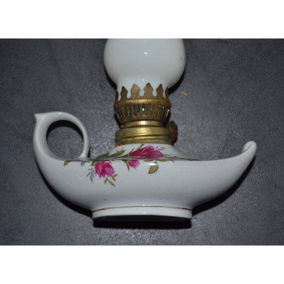 Porcelain Pink Rose Mini Genie Oil Lamp with White Glass Shade (Shade Damaged) - Picture 3 of 6